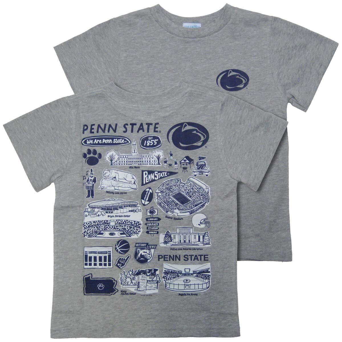 heather gray youth short sleeve t-shirt with assorted Penn State campus impressions